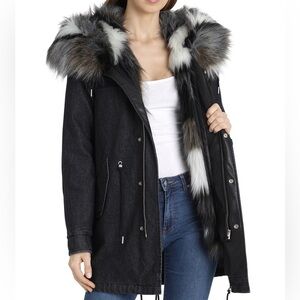 Avec Les Filles Black Denim Parka with Faux Fur Trim & Lining Coat Large
